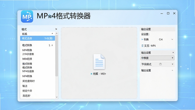 MP4格式转换器主界面预览图,展示简洁的软件窗口,左侧为格式选择列表,中央为文件拖拽区域,右侧为输出设置面板,背景为浅蓝色科技感渐变,整体风格干净明亮,突出“MP4格式转换器”软件名称与图标,画面清晰无文字遮挡,适合软件介绍场景。