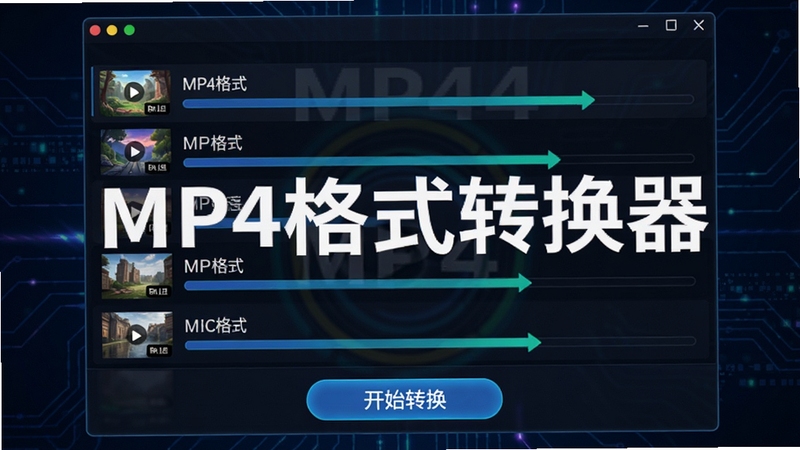 MP4格式转换器批量转换界面示意图,显示多个视频文件列表同时进行进度条动画,界面底部有“开始转换”按钮,背景为深色调科技风格,突出软件的速度与高效,画面包含“MP4格式转换器”的软件名称水印,画质清晰,适合功能展示。