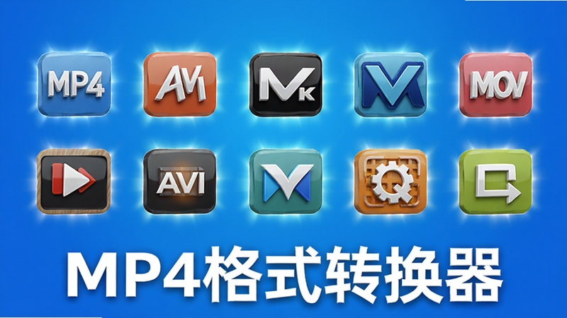 MP4格式转换器支持的格式图标墙展示,背景为渐变蓝色,中央排列多种视频格式的3D图标,包括MP4、AVI、MKV、MOV等,图标带有光效,整体风格现代立体,突出“MP4格式转换器”的品牌标识,画面清晰美观。