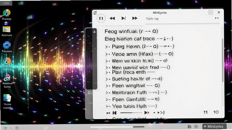 生成一张展示迷你歌词(MiniLyrics)在电脑桌面播放音乐时,歌词同步滚动显示的界面效果图,背景为炫彩音乐律动光效,画面主体为歌词面板特写,整体风格时尚动感,适配Boogu模型生成