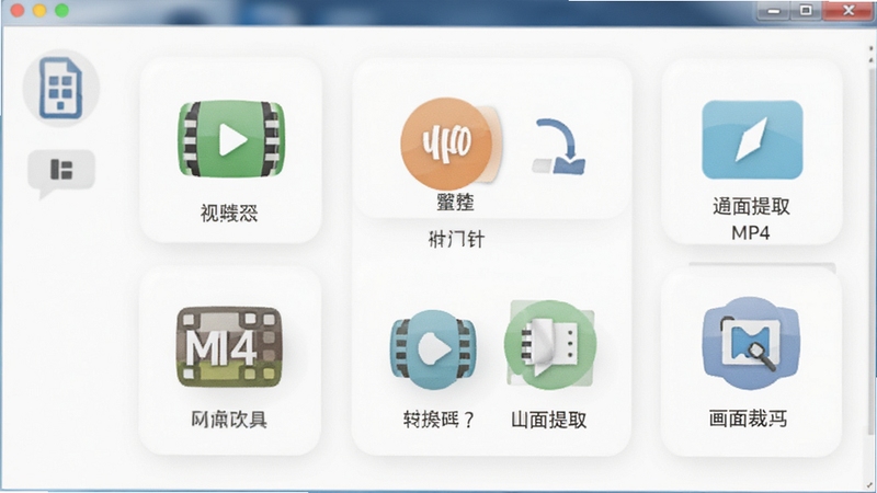 MP4格式转换器附加工具界面,展示视频压缩、音频提取、画面裁剪等功能图标,排列整齐,背景为软件功能页面,整体风格简洁友好