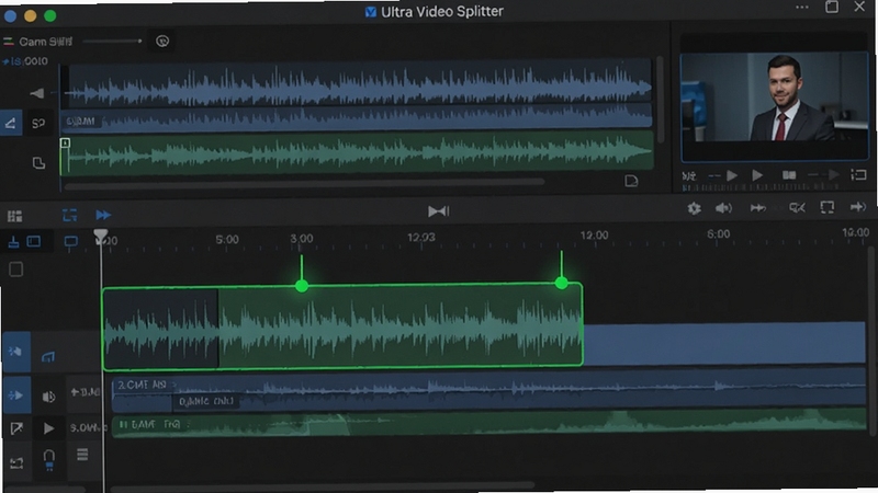 Ultra Video Splitter 无损切割功能示意图,展示时间轴上两个绿色标记点之间的片段被高亮选中,背景为剪辑工作台,带有波形图和帧预览小窗口,色调以深灰与蓝色为主,强调精准与专业感