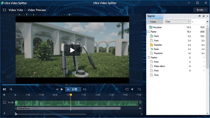 Ultra Video Splitter 视频分割软件主界面预览图,显示清晰的视频预览窗口和时间轴切割标记,背景为深蓝色科技风格,界面布局简洁,突出分割按钮与文件列表区域,整体画面明亮专业,适合软件介绍场景