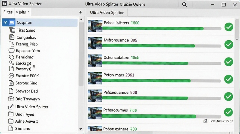 Ultra Video Splitter 批量处理队列界面,左侧为文件列表,右侧显示每个文件的切割进度条,背景为浅色工作界面,有绿色对勾表示完成状态,整体风格清爽,突出高效管理能力