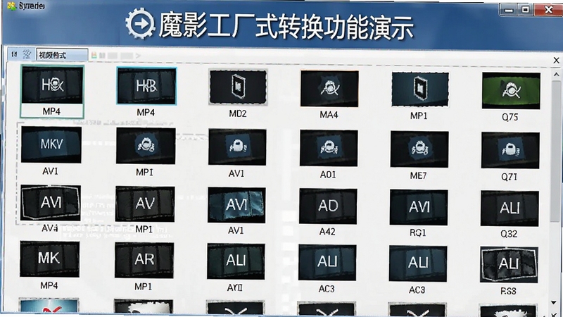 魔影工厂格式转换功能演示图,展示软件内丰富的视频格式列表,包括MP4、AVI、MKV等,画面风格清晰直观,突出多格式支持的特点。