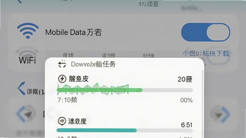 广场舞软件视频下载功能界面效果图,画面中央显示一个正在进行的下载任务列表,包含进度条与速度标识,背景为手机设置页面中WiFi与移动数据切换选项,细节丰富,色彩清晰