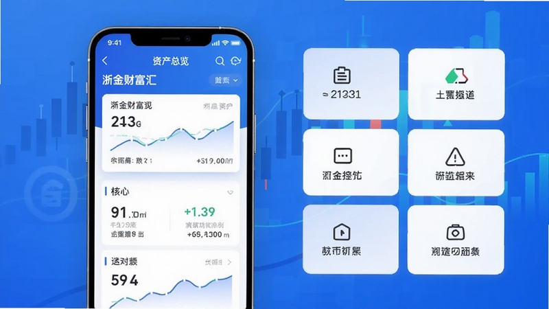浙金财富汇APP主界面预览图,展示首页资产总览与核心功能模块,界面设计简洁现代,背景为蓝色渐变色调,带有金融科技感,整体画面明亮清晰,突出移动理财应用的全貌。