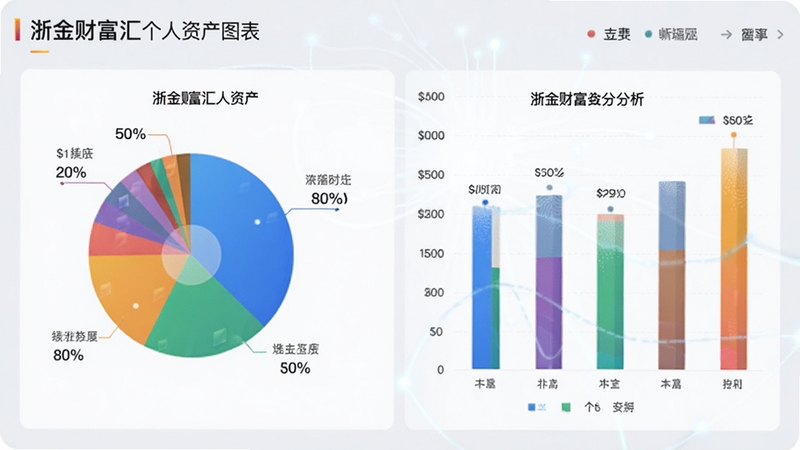 浙金财富汇个人资产图表页面,展示饼状图与柱状图分析,背景为浅灰色,图表色彩丰富,突出数据可视化效果,整体风格专业且具有科技感。