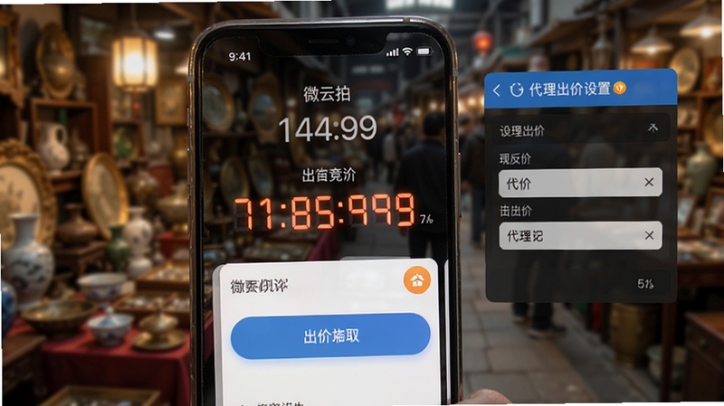 微云拍实时竞拍界面截图,手机屏幕显示拍卖倒计时与出价按钮,旁边有代理出价设置面板,背景为模糊的古玩市场,灯光柔和,突出竞拍数字跳动效果