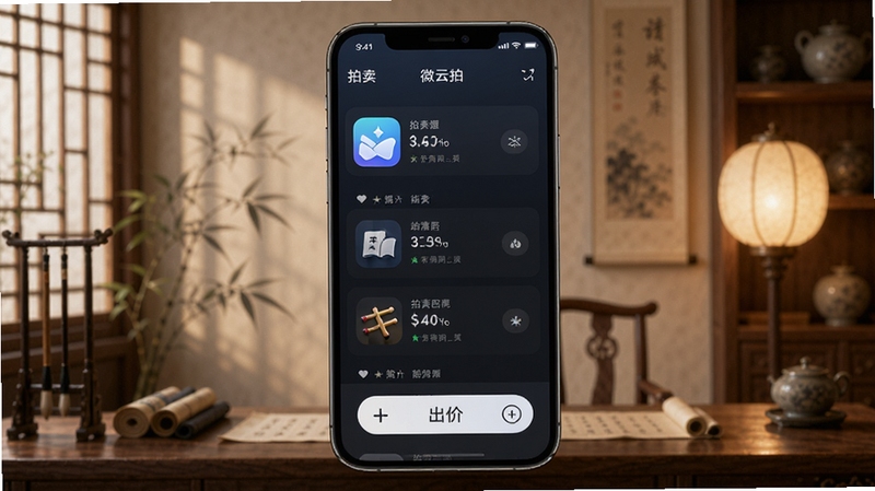 微云拍APP主界面展示,手机屏幕中呈现拍卖列表与出价按钮,背景为淡雅的中式书房场景,暖色调灯光,高清渲染,突出应用图标与拍卖流程,整体风格简洁商务