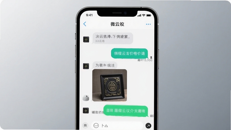 微云拍议价聊天界面,手机屏幕显示与卖家对话框,包含价格协商气泡和藏品图片,背景为柔和渐变灰,简约商务风,突出互动感