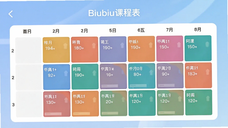 一张展示Biubiu课程表手机应用主界面的高清预览图,画面中央是一周课程表网格,不同课程用彩色块区分,背景为柔和的渐变蓝色,整体风格清新简约,突出软件名称Biubiu课程表,适配移动端竖屏比例。