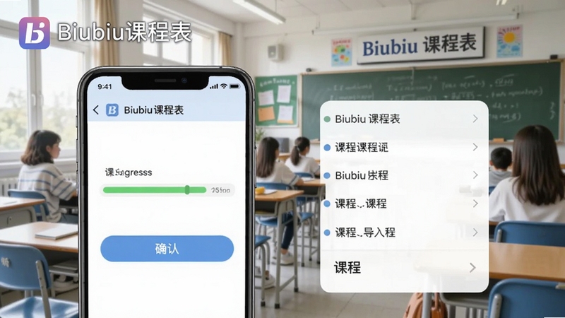 展示Biubiu课程表智能导入课表功能的操作界面截图,画面中手机屏幕显示从教务系统导入的进度条,旁边有课程列表和确认按钮,背景是明亮的教室场景,包含软件名称Biubiu课程表字样,风格写实清晰。