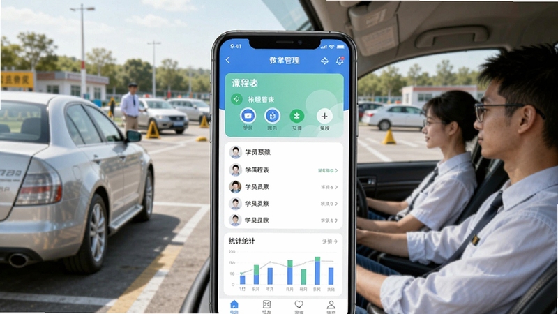 朕学车教练预览图,画面中央显示手机App主界面,背景是驾校训练场,教练车和学员身影清晰可见,界面包含课程表、学员列表和统计图表,整体风格明亮写实,突出教学管理主题