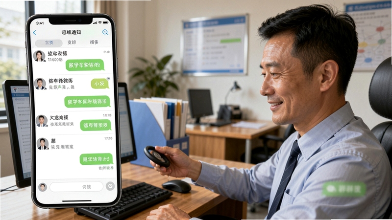 朕学车教练消息通知界面,手机显示聊天列表和群发功能,背景为驾校办公室场景,教练正在查看学员消息,画面自然温馨,突出即时通讯和团队协作功能