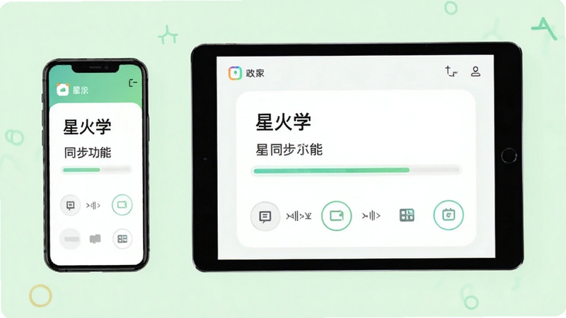 星火学多设备同步功能示意图,展示手机与平板同步显示相同学习进度,背景为浅绿色,画面简洁明了