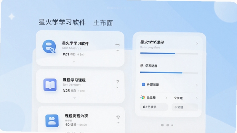 星火学学习软件主界面预览图,展示课程列表与学习进度,背景为淡蓝色渐变,界面简洁现代,图标清晰,整体风格明亮舒适,适合移动端展示