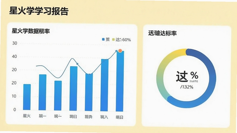 星火学学习报告界面,展示柱状图与达标率,背景为浅黄色,界面清晰美观,突出数据可视化效果