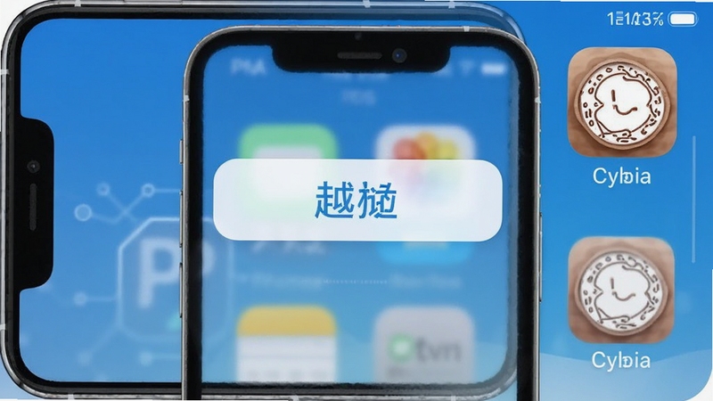 一张展示PP越狱助手主界面的高清截图,界面中央是醒目的越狱按钮,背景为iOS设备轮廓和Cydia图标,整体风格简洁科技感,色彩以蓝白为主,画面清晰明亮