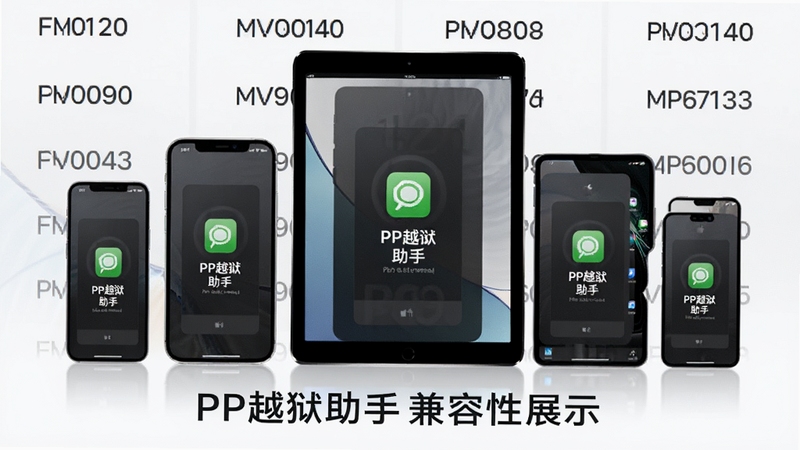 PP越狱助手兼容性展示图,画面中排列着多款iPhone和iPad设备,屏幕上都显示PP越狱助手已连接的界面,背景为系统版本号列表,整体风格清爽,突出广泛兼容性
