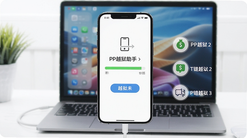 展示PP越狱助手一键越狱功能的操作界面,手机连接电脑后点击越狱按钮,进度条正在加载,旁边有步骤提示图标,整体画面明亮清晰,突出简单易用的特点