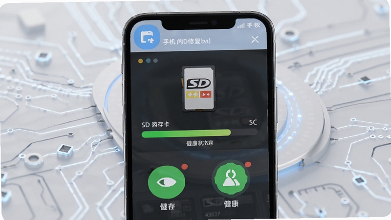 手机内存卡修复软件工具主界面预览图,展示软件核心功能面板,背景为浅灰色科技感纹理,前景为手机屏幕中显示SD卡修复进度条和健康状态图标,整体风格简洁明亮,突出软件专业性与易用性