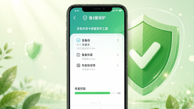 手机内存卡修复软件工具数据备份与恢复功能界面,手机屏幕显示备份选项和恢复进度,背景为绿色安全盾牌图标,体现数据保护特性,风格清新自然