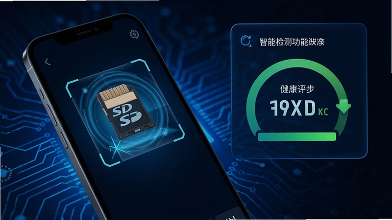 手机内存卡修复软件工具智能检测功能示意图,手机屏幕显示SD卡扫描动画和健康评分,背景为深蓝色科技光效,突出检测深度与精准性