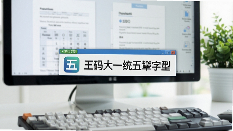 一张现代简洁的电脑桌面截图,屏幕中央显示王码大一统五笔字型输入法状态栏,背景为模糊的办公文档与绿色植物,整体色调明亮干净,凸显输入法图标与“王码大一统五笔字型”字样,电脑键盘在前景虚化,营造专业高效的办公氛围。