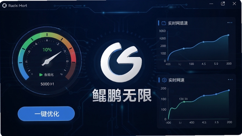 鲲鹏无限软件主界面预览图,展示网络信号强度仪表盘、一键优化按钮以及实时网速曲线,背景为深蓝色科技感界面,前景中央显示鲲鹏无限品牌Logo,整体风格简洁现代,适合软件介绍场景