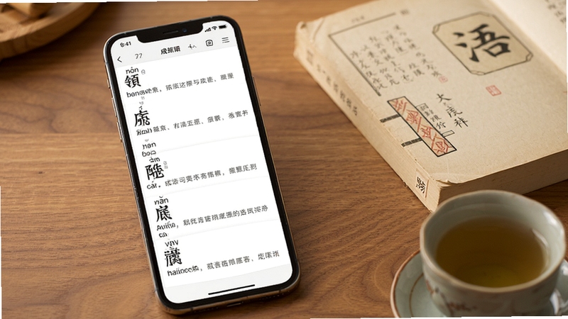 成语词典简体版离线词库展示图,手机屏幕显示成语列表,每条成语带有拼音和释义,背景为木纹书桌,旁边放着纸书和茶杯,画面温馨实用