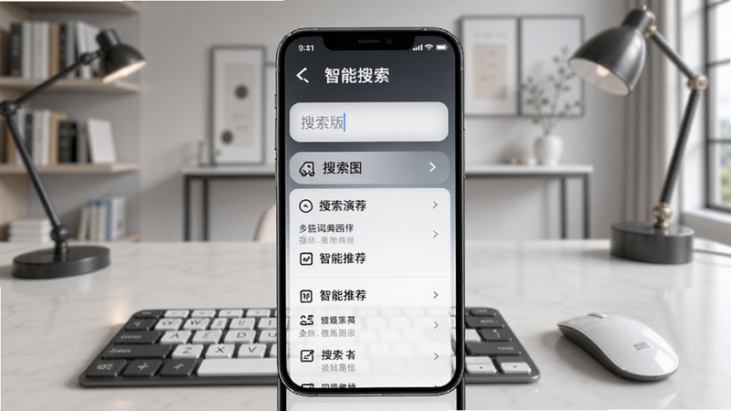 成语词典简体版智能搜索功能演示图,手机屏幕显示输入框和搜索结果,背景为现代简约书房,键盘和鼠标可见,画面强调快速检索和智能推荐