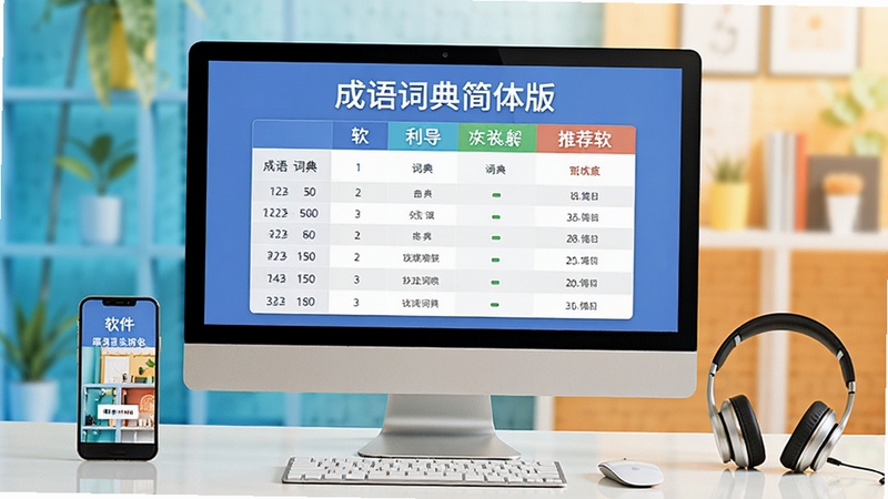成语词典简体版推荐软件对比图,电脑屏幕显示表格,旁边有手机和耳机,背景为现代办公桌,色彩明亮,突出软件对比信息