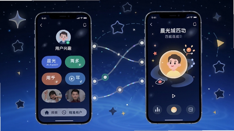晨光星河智能匹配功能示意图,画面展示两部手机屏幕,左侧手机显示用户兴趣标签界面,右侧手机显示匹配成功动画,背景是星空与连接线元素,体现AI算法与精准匹配,色调明亮活泼