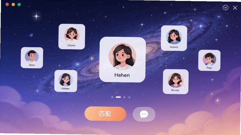 晨光星河软件主界面预览图,画面中央是星河主题的渐变蓝紫色背景,悬浮着多个用户头像卡片,下方有匹配按钮和消息图标,整体风格现代温馨,UI设计精致,适合作为软件宣传图
