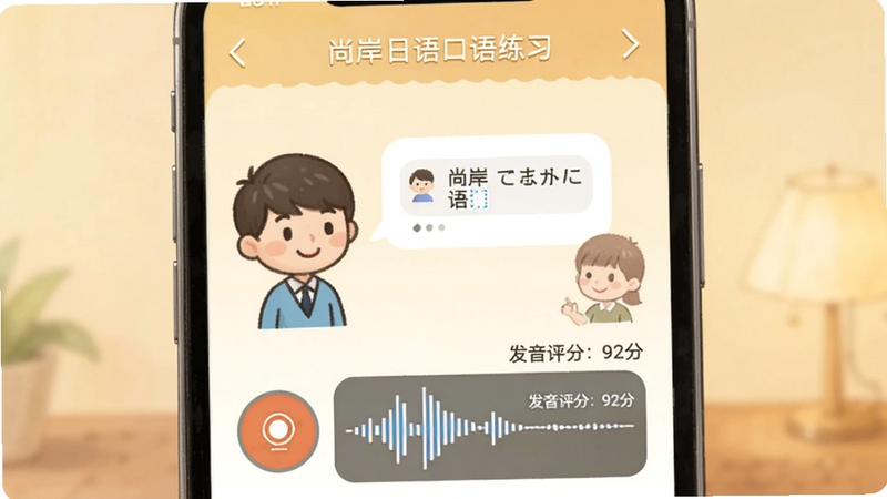 尚岸日语口语练习界面,手机屏幕显示一位卡通人物与用户对话气泡,下方有录音按钮和波形图,旁边标注“发音评分:92分”,背景为柔和暖色调,突出互动感