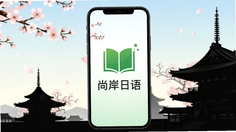 尚岸日语启动界面展示,手机屏幕中央显示绿色书本图标和“尚岸日语”字样,背景为浅色渐变,周围有樱花和日式建筑剪影,整体风格清新明亮,适配移动端竖屏界面