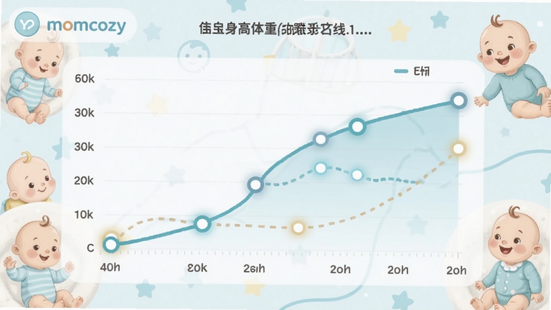 Momcozy智能成长记录功能界面截图,展示宝宝身高体重曲线图表,图表线条清晰,数据点突出,背景是一组可爱的卡通婴儿元素,色调清新淡雅,强调数据可视化与直观性,画面干净整洁,适配Boogu模型生成