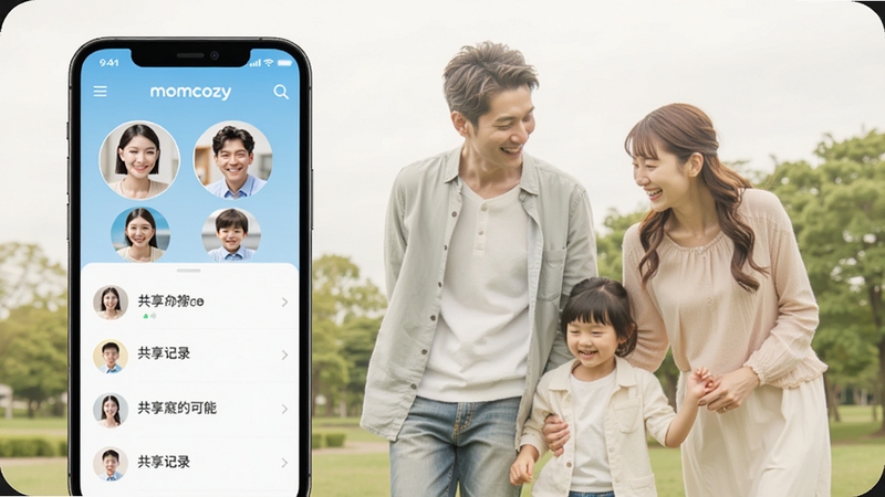 Momcozy家庭多角色协同功能展示,手机屏幕上显示家庭成员头像与共享记录界面,背景是一家三口在公园散步的温馨场景,阳光明媚,色调明亮,突出信息共享与家庭协作的快乐,适配Boogu模型生成