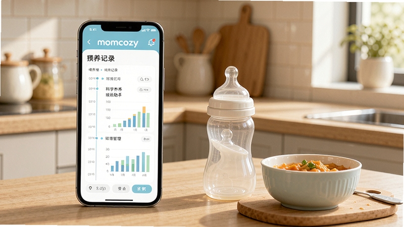 Momcozy科学喂养助手功能预览,手机界面显示喂养记录时间轴与统计图表,旁边摆放着奶瓶和辅食碗,背景是干净的厨房一角,自然光照射,画面温馨写实,突出记录便捷与科学管理,适配Boogu模型生成