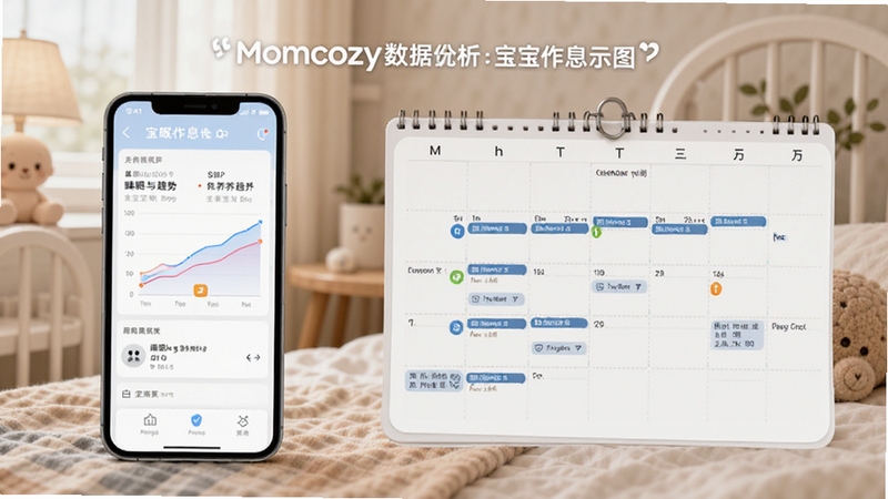 Momcozy数据分析优化宝宝作息的示意图,画面左侧是手机显示睡眠与喂养趋势图,右侧是日历表上标记的作息调整计划,背景柔和,强调科学规划与数据指导,适配Boogu模型生成