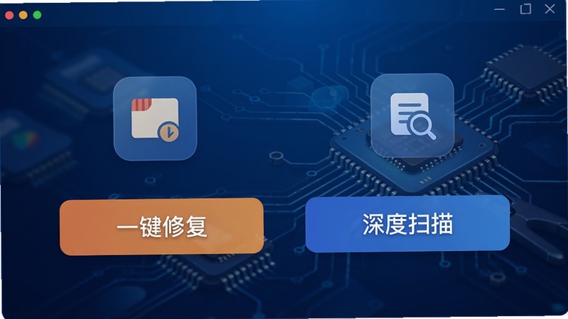 一张展示手机内存卡修复软件工具主界面的高清截图,界面应清晰显示“一键修复”和“深度扫描”两个核心功能按钮,背景为简洁的深蓝色科技感渐变,卡片图标与电子电路元素点缀,整体风格专业且现代,适配Boogu模型生成。