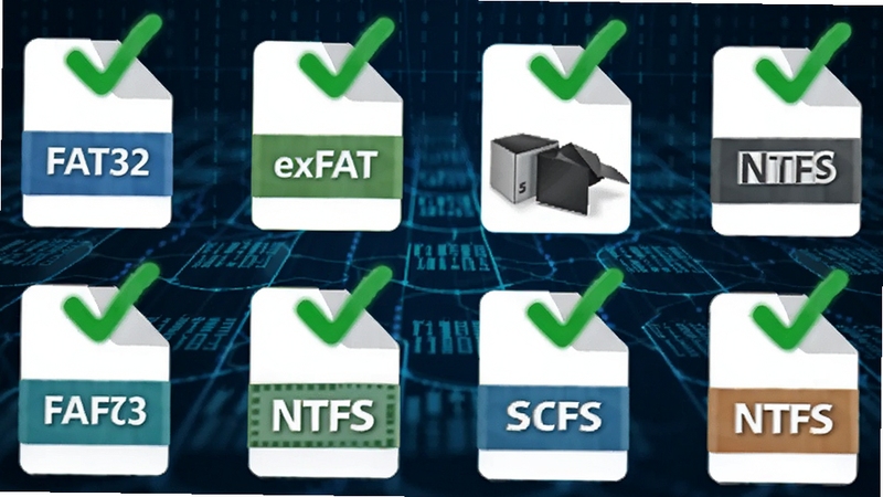 展示软件支持多种文件系统格式的图标阵列,包括FAT32、exFAT、NTFS等标识,背景为抽象的数据网格,每个格式图标上方悬浮着绿色对勾,整体色调明亮清晰,强调兼容性与稳定性。