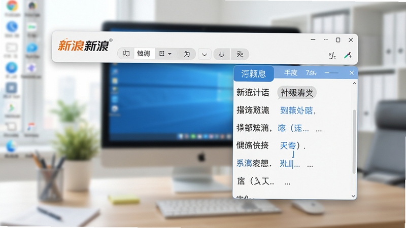 新浪拼音输入法主界面预览图,展示现代简约的输入法状态栏与候选词窗口,背景为虚化的电脑桌面与办公场景,整体色调明亮清晰,突出软件名称与品牌标识,高清数字渲染风格。