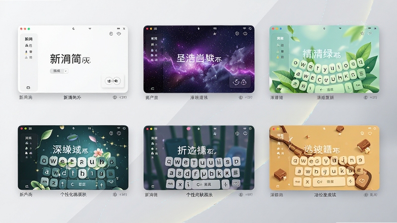 新浪拼音输入法个性化皮肤展示图,多款不同风格的主题皮肤以画廊形式排列,包括极简白、星空紫、清新绿等,界面美观时尚,背景为浅灰色渐变,突出皮肤预览效果,整体视觉精致富有设计感。
