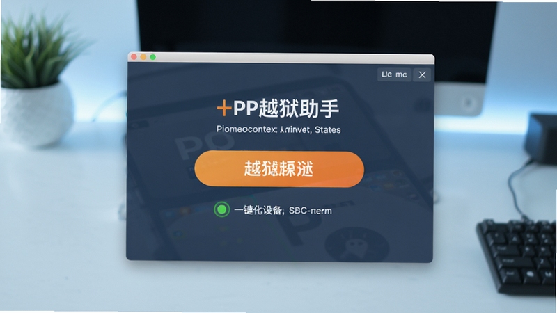 画面中心展示PP越狱助手主界面截图,背景为现代简约的浅蓝色渐变桌面,界面中包含明显的越狱按钮与设备连接状态指示,整体风格清爽专业,突出软件一键操作的核心功能