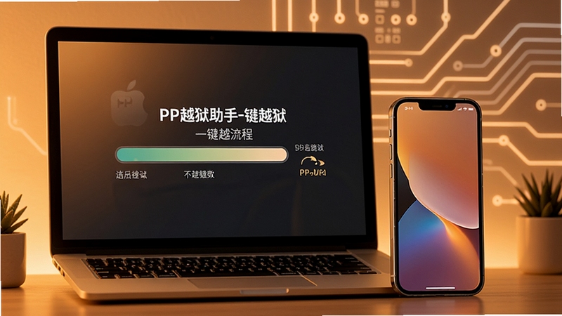 展示PP越狱助手一键越狱的操作过程,电脑屏幕显示进度条,旁边放置一部iPhone设备,画面以明亮的暖色调为主,突出简单快捷的体验,背景带有智能科技感的线条装饰