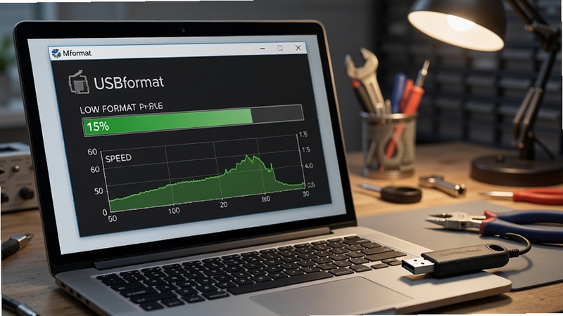 Close-up of Mformat(U盘修复工具) software interface on a laptop screen, showing low-level format progress with percentage and speed graph, next to it a USB flash drive connected, background is a workbench with technical tools, realistic lighting, 8k resolution