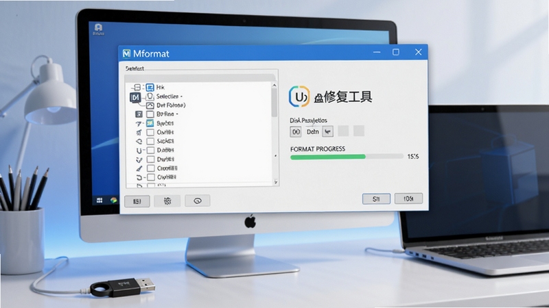 A clean and professional software preview image of Mformat(U盘修复工具) on a computer screen, the interface shows disk selection list and format progress bar, background is a modern desk with a USB flash drive and a laptop, soft blue and white color tone, high detail, 4k, sharp focus