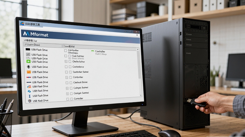 A wide shot of Mformat(U盘修复工具) on a desktop monitor, the software interface lists multiple USB flash drive brands and controllers, a hand is plugging a USB drive into a tower PC, background is an office environment with shelves, natural light, realistic textures